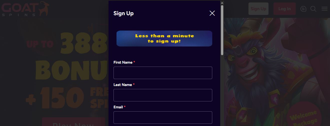Register new Goat Spins account in less than a minute